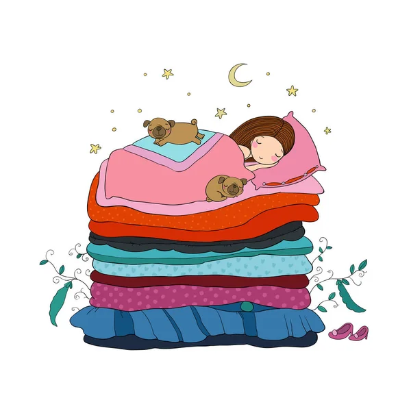 A little girl and cute pugs are sleeping on the bed. — Stock Vector