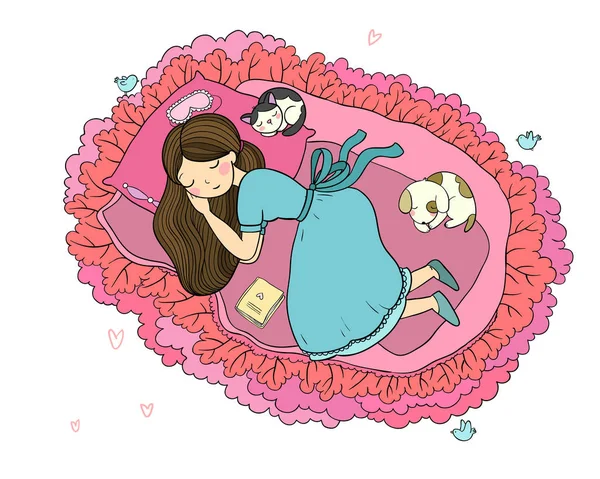 Tyttö, kissa ja koira nukkuvat sängyssä. Hyvää yötä. . — vektorikuva