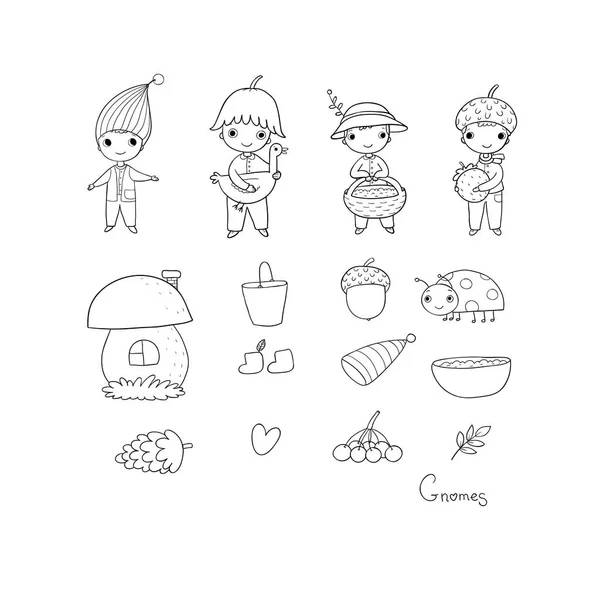 Set with little cute gnomes. Forest elves. — Stock Vector
