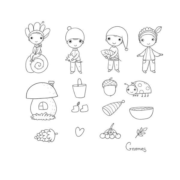 Set Little Cute Gnomes Forest Elves Doodle Boys Fancy Dresses — Stock Vector