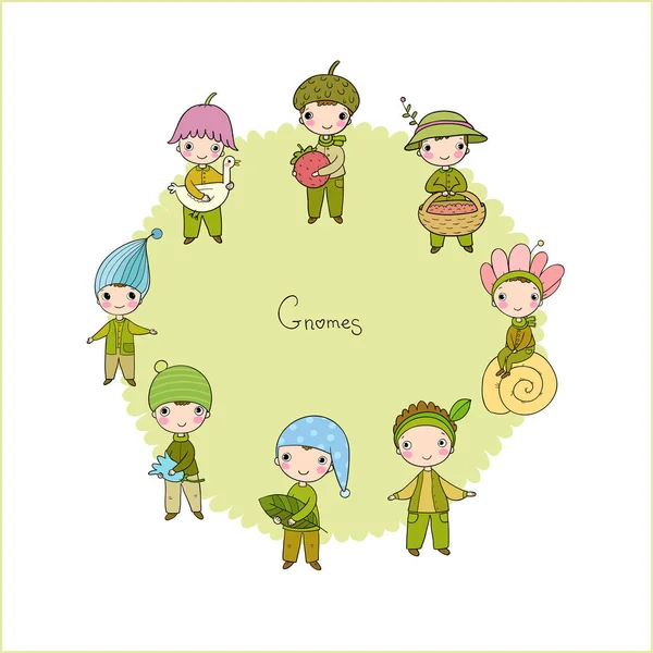 Set with little cute gnomes. Forest elves. — Stock Vector