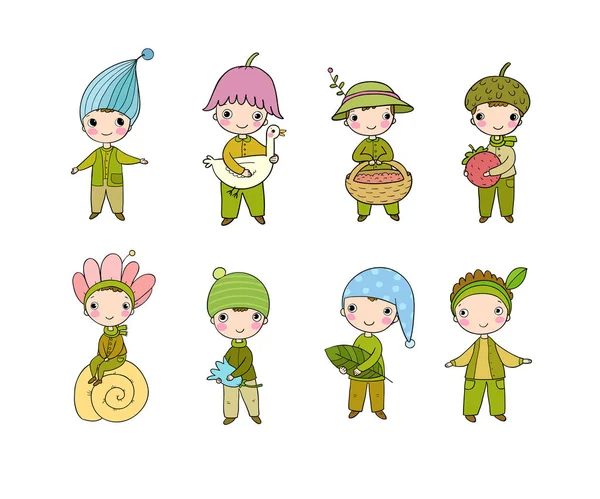 Set Little Cute Gnomes Forest Elves Doodle Boys Fancy Dresses — Stock Vector