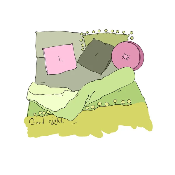 Almohadas acogedoras y una manta. Buenas noches. . — Vector de stock