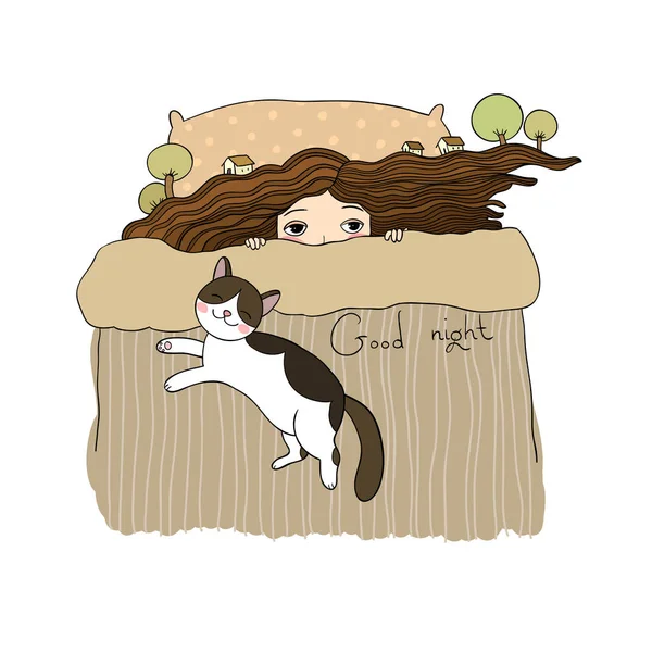 少女と猫。おやすみなさい。いい夢、見てね. — ストックベクタ