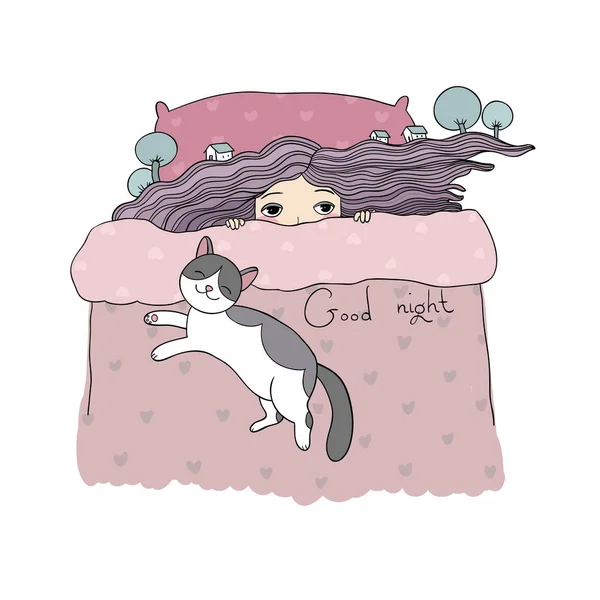 Chica y gatos. Buenas noches. Dulces sueños . — Vector de stock