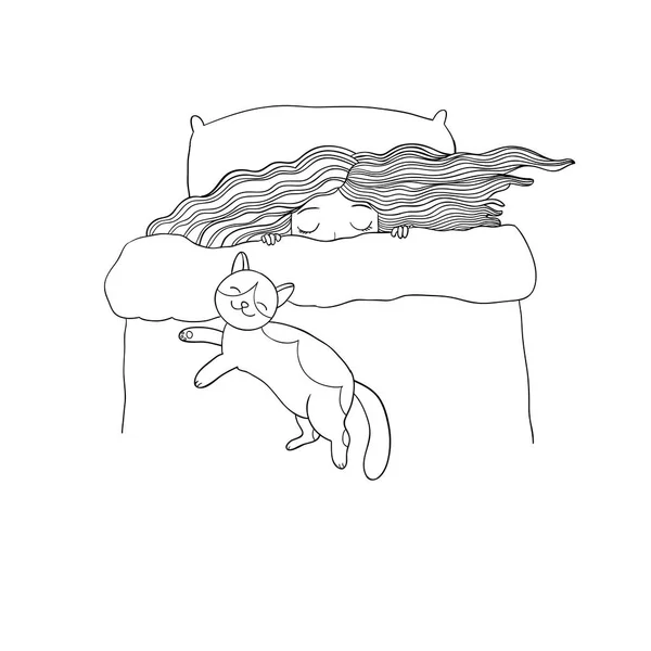 Chica y gatos. Buenas noches. Dulces sueños . — Vector de stock