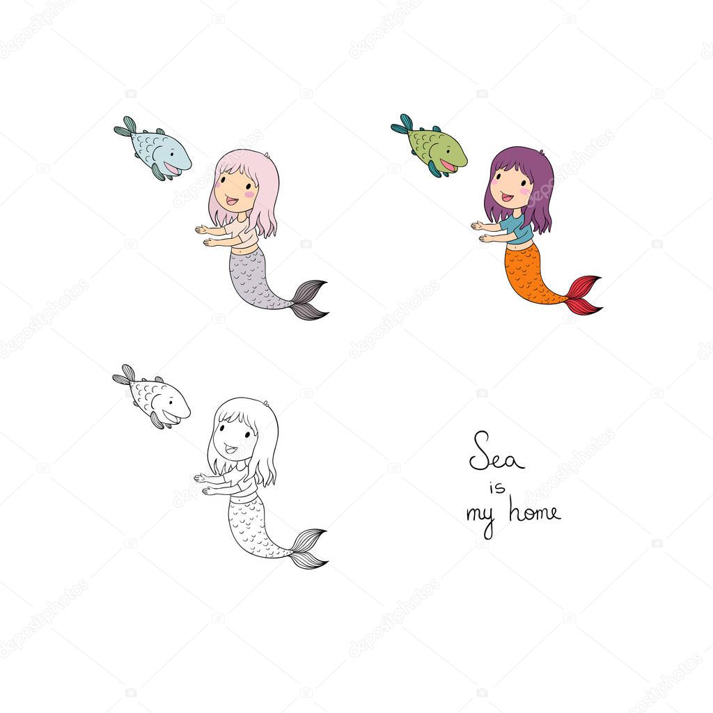 Set of Cute cartoon little mermaid. Siren. Sea theme.