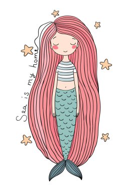 Uzun saçlı güzel sevimli çizgi denizkızı. Siren. Deniz Tema.