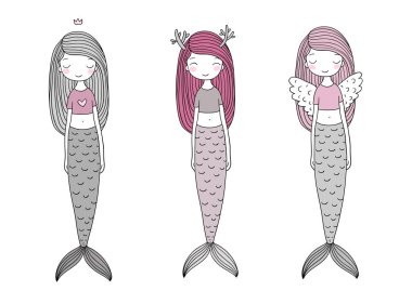 Üç sevimli küçük deniz kızı. Siren. Deniz Tema.