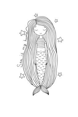 Uzun saçlı güzel sevimli çizgi denizkızı. Siren. Deniz Tema.