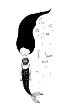 Uzun saçlı güzel sevimli çizgi denizkızı. Siren. Deniz Tema.