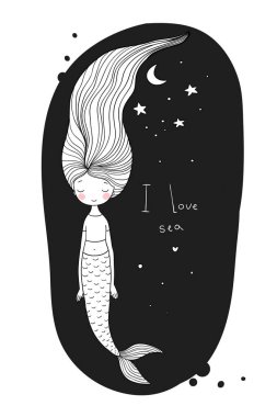 Uzun saçlı güzel sevimli çizgi denizkızı. Siren. Deniz Tema.