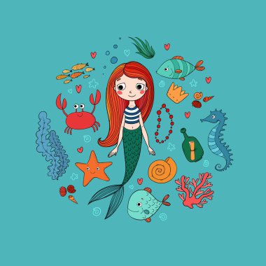 Deniz illüstrasyonlar ayarlayın. Küçük sevimli çizgi deniz kızı, komik balık, deniz yıldızı, bir not, yosun, şişeyle çeşitli kabukları ve yengeç. Deniz Tema.