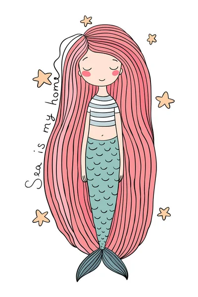 Schöne niedliche Karikatur Meerjungfrau mit langen Haaren. Sirene. Meeresthema. — Stockvektor