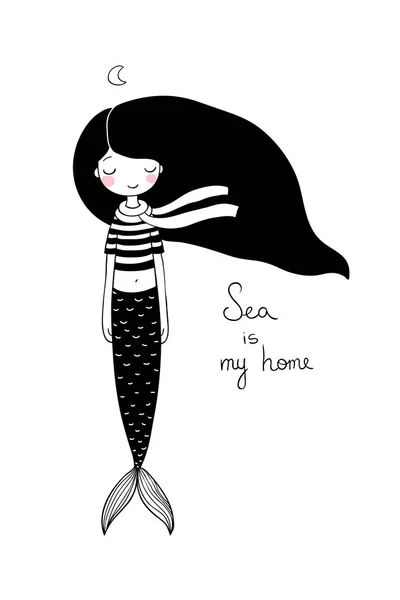 Schöne kleine Meerjungfrau. Sirene. Meeresthema. — Stockvektor