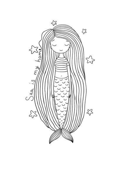 Hermosa linda sirena de dibujos animados con el pelo largo. Sirena. Tema Mar . — Vector de stock