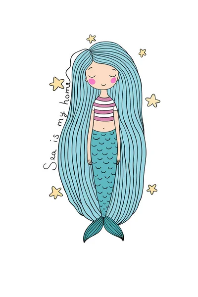 Hermosa linda sirena de dibujos animados con el pelo largo. Sirena. Tema Mar . — Vector de stock