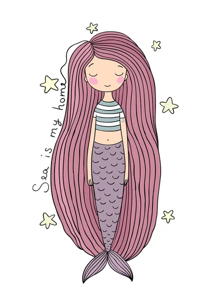 Linda sereia dos desenhos animados bonito com cabelo comprido. Sirene. Tema mar . —  Vetores de Stock