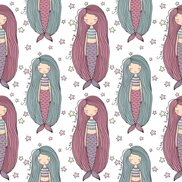 Pattern with cute little mermaid. Siren. Sea theme. — Stock Vector