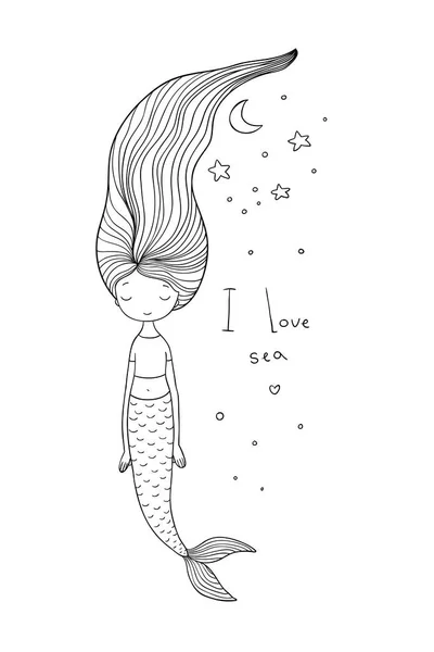 長い髪の美しいかわいい漫画人魚。サイレン。海のテーマ. — ストックベクタ