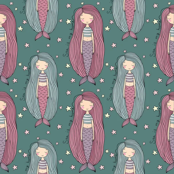 Pattern with cute little mermaid. Siren. Sea theme. — Stock Vector