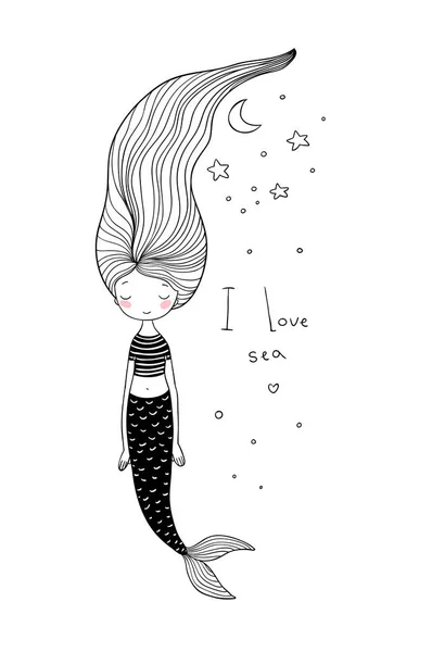 Mooie schattige cartoon zeemeermin met lange haren. Sirene. Zee thema. — Stockvector