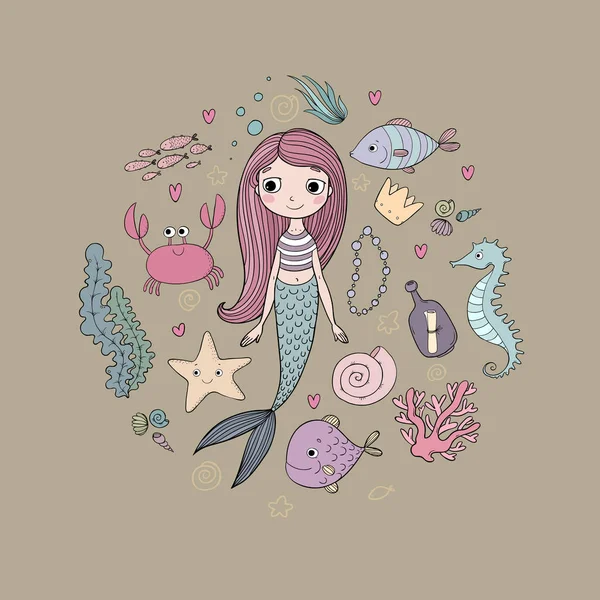 Mariene illustraties instellen. Kleine schattige cartoon zeemeermin, grappige vissen, zeesterren, fles met een noot, algen, verschillende schelpen en krab. Zee thema. — Stockvector