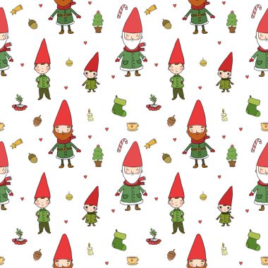 Sevimli çizgi cüceler. Yeni yıl s desen. Christmas elfler. Vektör çizim. Beyaz arka plan