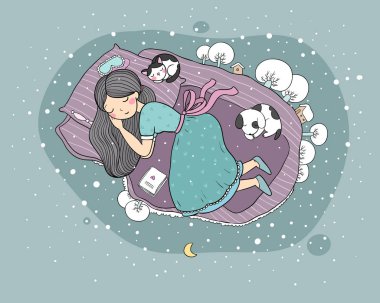 Kız, kedi ve köpek yatakta uyuyor. İyi geceler.