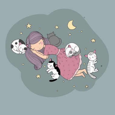 Kız, kedi ve köpek yatakta uyuyor. İyi geceler.