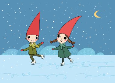  Ute karikatür cüceler. Christmas elfler. Vektör çizim. buz pateni. -Vektör