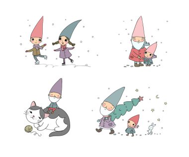 Sevimli çizgi cüceler. Yeni yıl ayarlayın. Noel komik cinler. Vektör çizim.