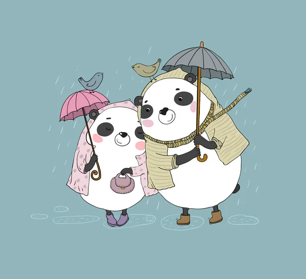 Schattige cartoon draagt Panda's. Herfst thema. Hand geïsoleerde tekenobjecten op witte achtergrond. Vector — Stockvector