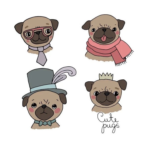 Set of little pugs. Cute animals. Vector illustrations — Stock Vector