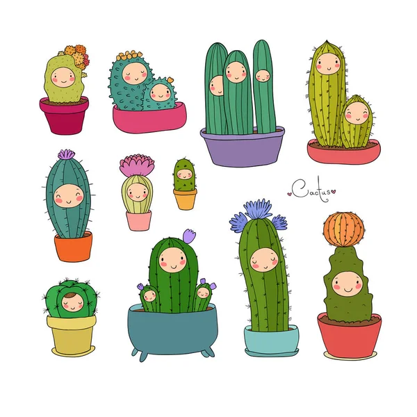 Cute cartoon cactus and succulents in pots. vector — Stock Vector