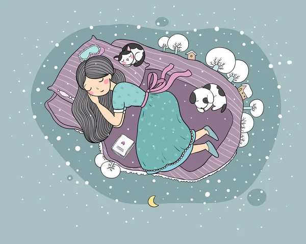 Meisje, katten en hond slapen in bed. Goedenacht. — Stockvector
