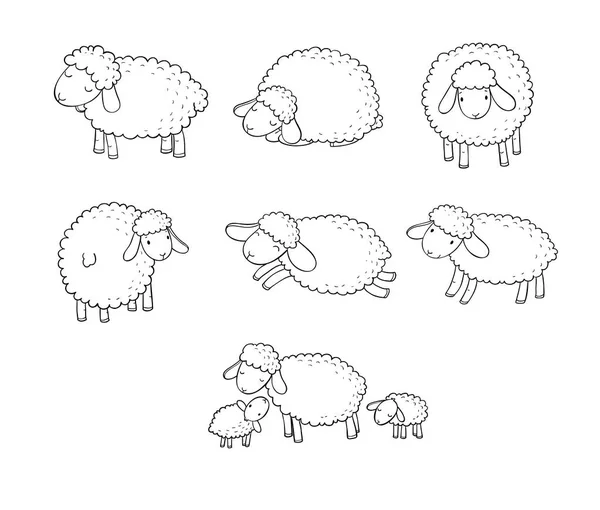 Lindo conjunto de ovejas de dibujos animados. Animales de granja. Corderos graciosos. Buenas noches dulces sueños — Vector de stock
