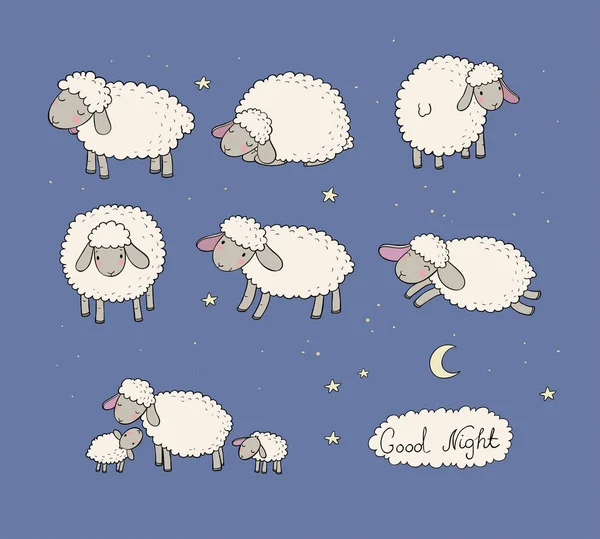 Lindo conjunto de ovejas de dibujos animados. Animales de granja. Corderos graciosos. Buenas noches dulces sueños — Vector de stock