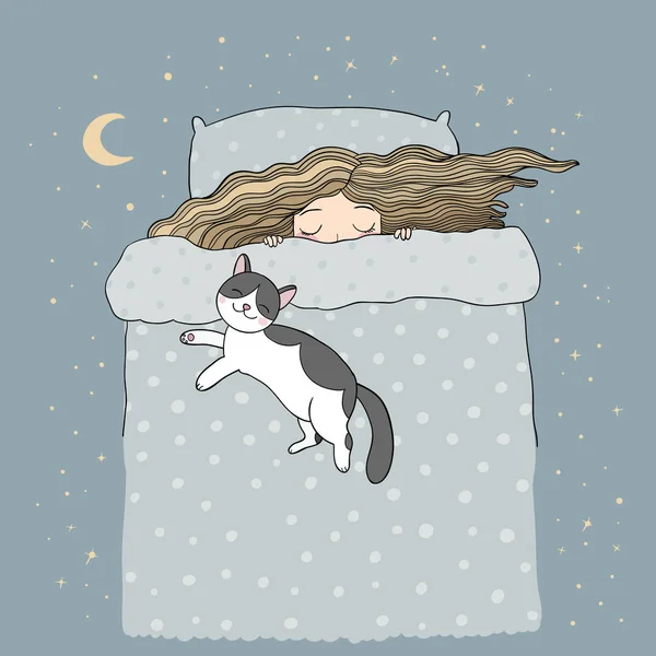 熟睡的女孩和猫。晚安。甜蜜的梦. — 图库矢量图片