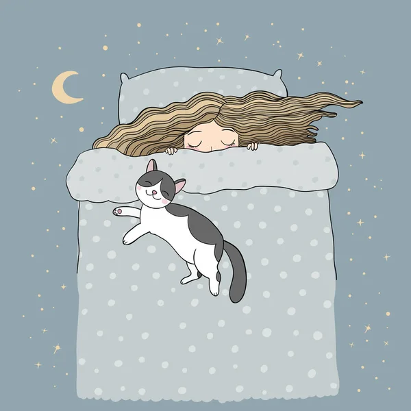 Sleeping girl and cats. Good night. Sweet dreams. — Stockvector