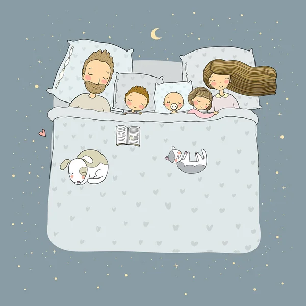 Familia dormida. mamá, papá e hijos. Dulces sueños . — Vector de stock