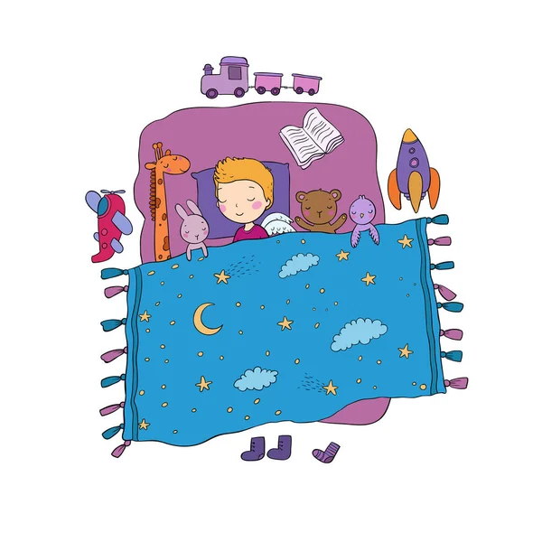 Çocuk uyuyor. Bebek oyuncakları ile yatakta. Uyku zamanı. İyi geceler. — Stok Vektör