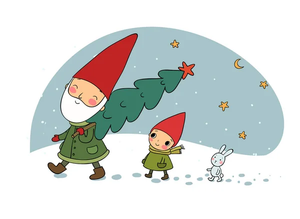 Lindos gnomos de dibujos animados. Elfos de Navidad. Abuelo y nieto. Árbol de Navidad - Vector — Vector de stock