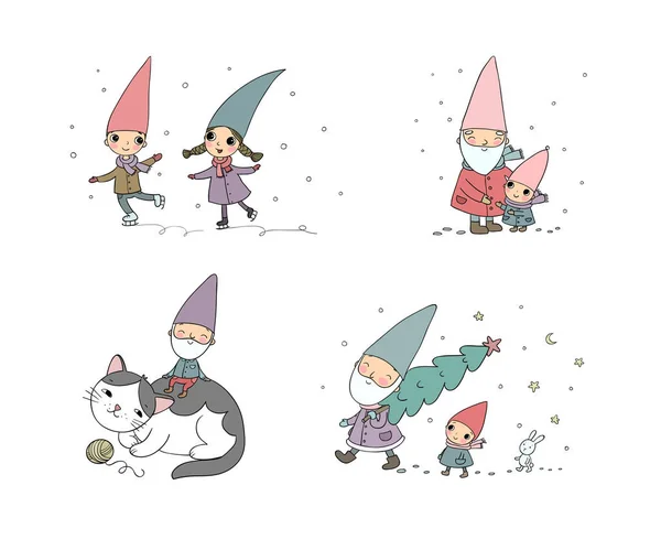 Jolis gnomes de dessins animés. Nouvel An fixé. Elfes drôles de Noël. Illustration vectorielle . — Image vectorielle