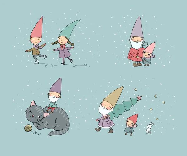 Lindos gnomos de dibujos animados. Set de Año Nuevo. Elfos divertidos de Navidad. Ilustración vectorial . — Archivo Imágenes Vectoriales