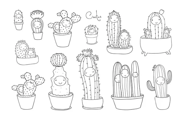 Cute cartoon cactus and succulents in pots. vector — Stock Vector