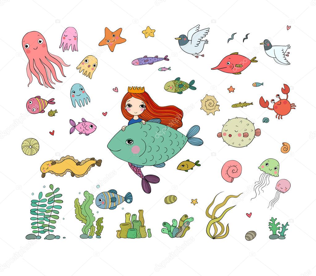 Marine illustrations set. Little cute cartoon mermaid