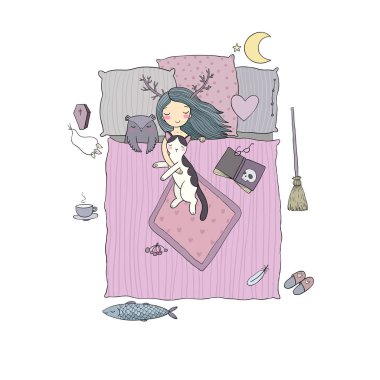 Uyuyan kız ve kedi. İyi geceler. Tatlı rüyalar.