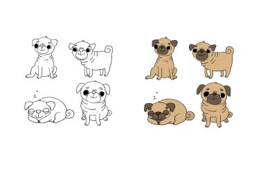 Şirin Pugs. Köpekler. El izole nesneleri üzerinde beyaz arka plan çizimi.