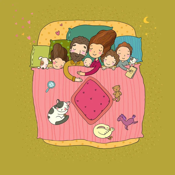 La familia duerme en la cama. Dibujos animados mamá, papá y bebés . — Archivo Imágenes Vectoriales